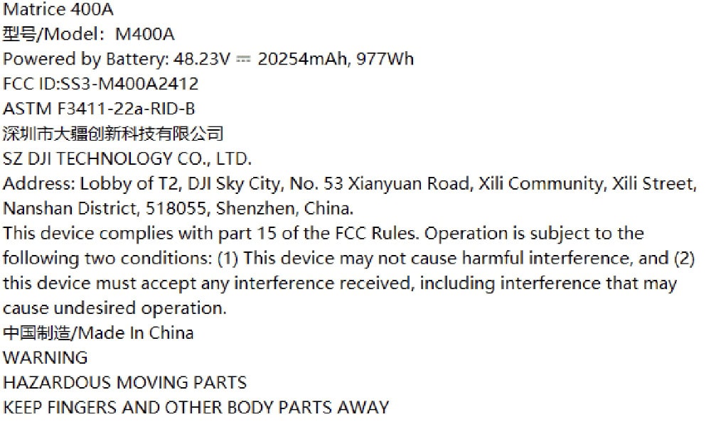matrice-400a-fcc-filing